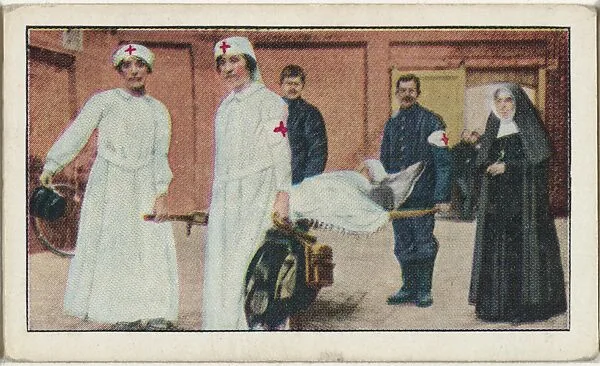 Card No. 82, Belgian Red Cross Workers Carrying Wounded Belgian Bugler into Hospital at Willebroeck, near Malines, from the World War I Scenes series (T121) issued by Sweet Caporal Cigarettes — American Tobacco Company|Underwood & Underwood