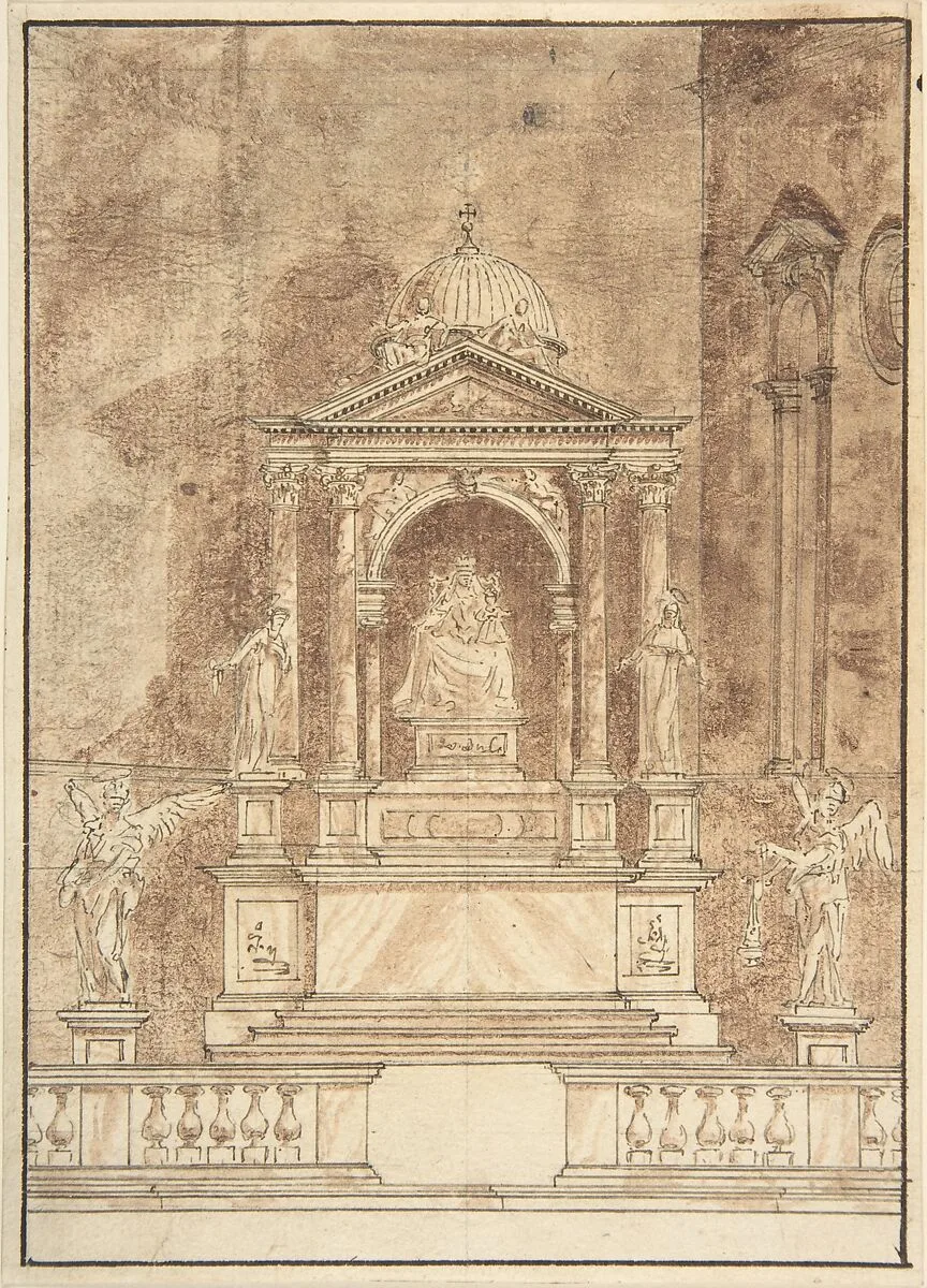 Design for an Altar: Virgin and Child Flanked by Saints, Two Angels in the Left and Right Foreground — Anonymous, Italian, 17th or 18th century