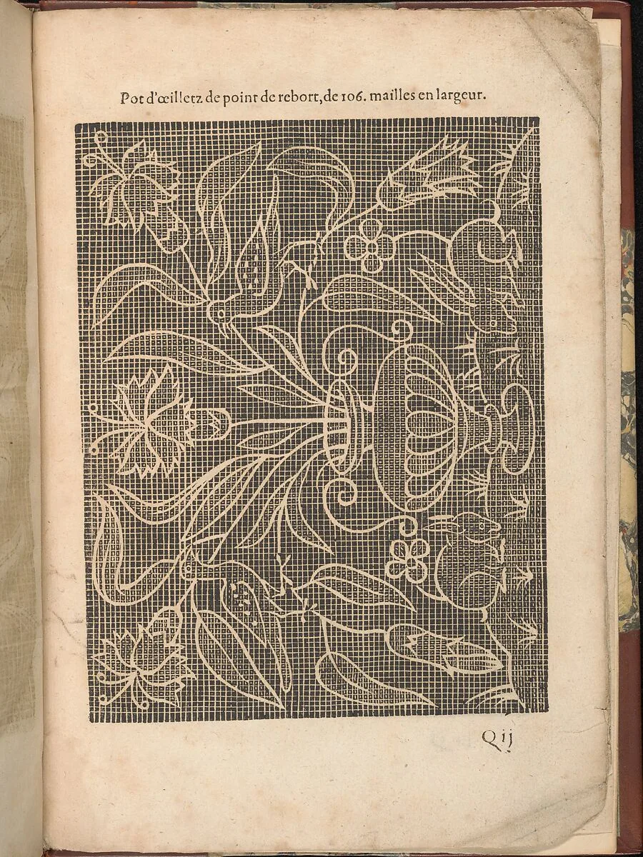 Les Secondes Oeuvres, et Subtiles Inventions De Lingerie du Seigneur Federic de Vinciolo Venitien, page 62 (recto) — Federico de Vinciolo|Jean Le Clerc|Catherine de Bourbon