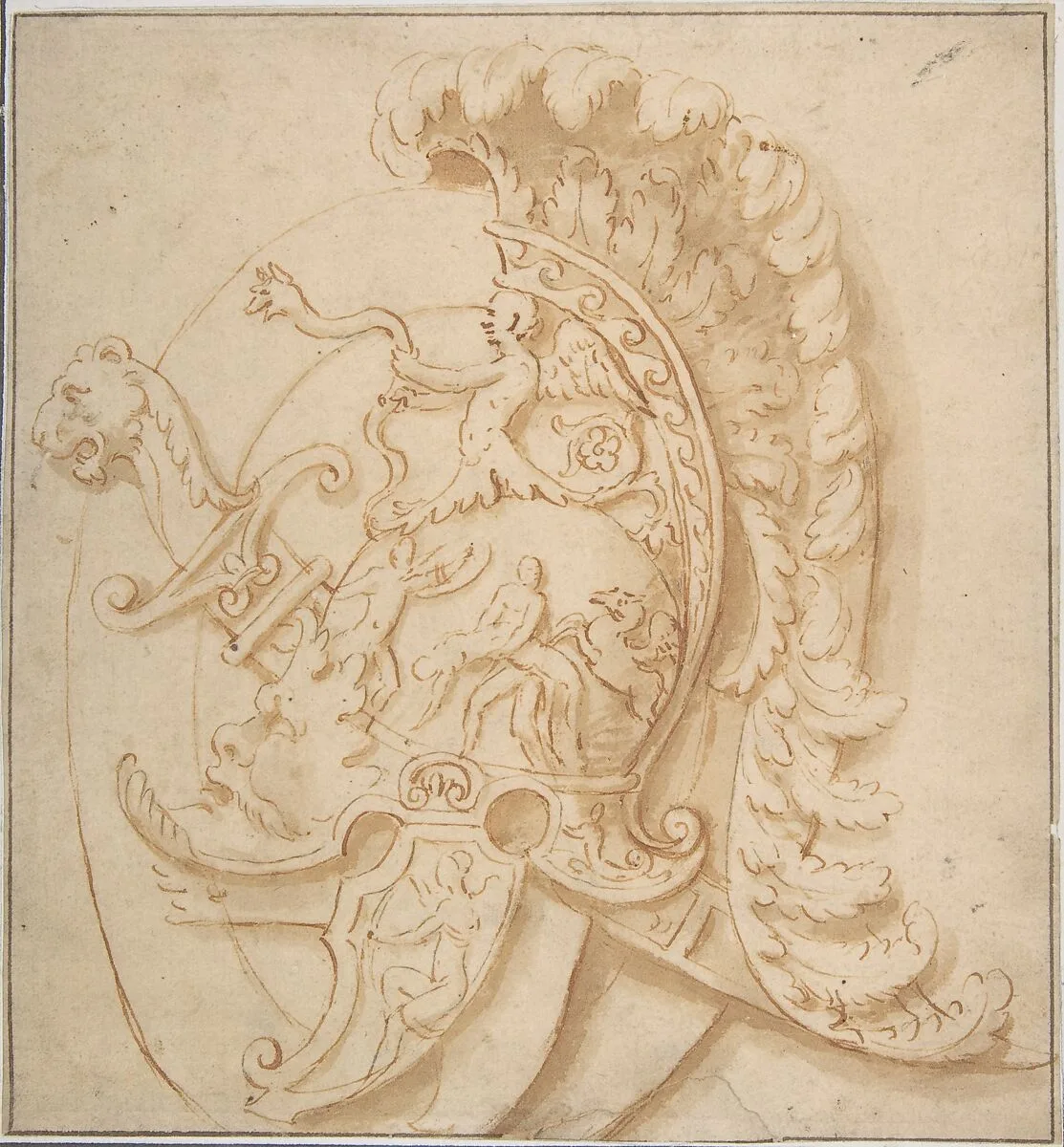 Design for a Trophy with Sword and a Plumed Helmet Decorated with Grotesques Masks, Classical Motifs. — Anonymous, Italian, 17th century