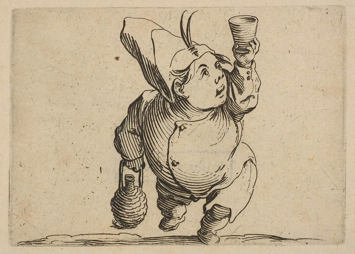 Le Beveur vu de Face (The Drinker Viewed from the Front), from Varie Figure Gobbi, suite appelée aussi Les Bossus, Les Pygmées, Les Nains Grotesques (Various Hunchbacked Figures, The Hunchbacks, The Pygmes, The Grotesque Dwarfs) — Jacques Callot