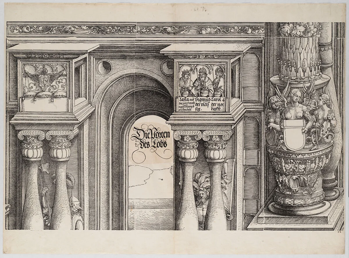 The Arch in the Entryway of the Left Portal (Die Porten des Lobs); and the Outer Left Column of the Central Portal, from the Arch of Honor, proof, dated 1515, printed 1517-18 — Wolf Traut|Hieronymus Andreae|Albrecht Dürer|Hans Springinklee