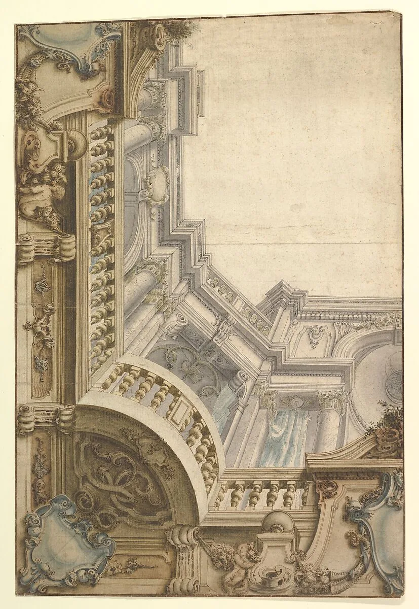 Design for Corner of Painting Ceiling with architectural perspective — Anonymous, Italian, Piedmontese, 18th century