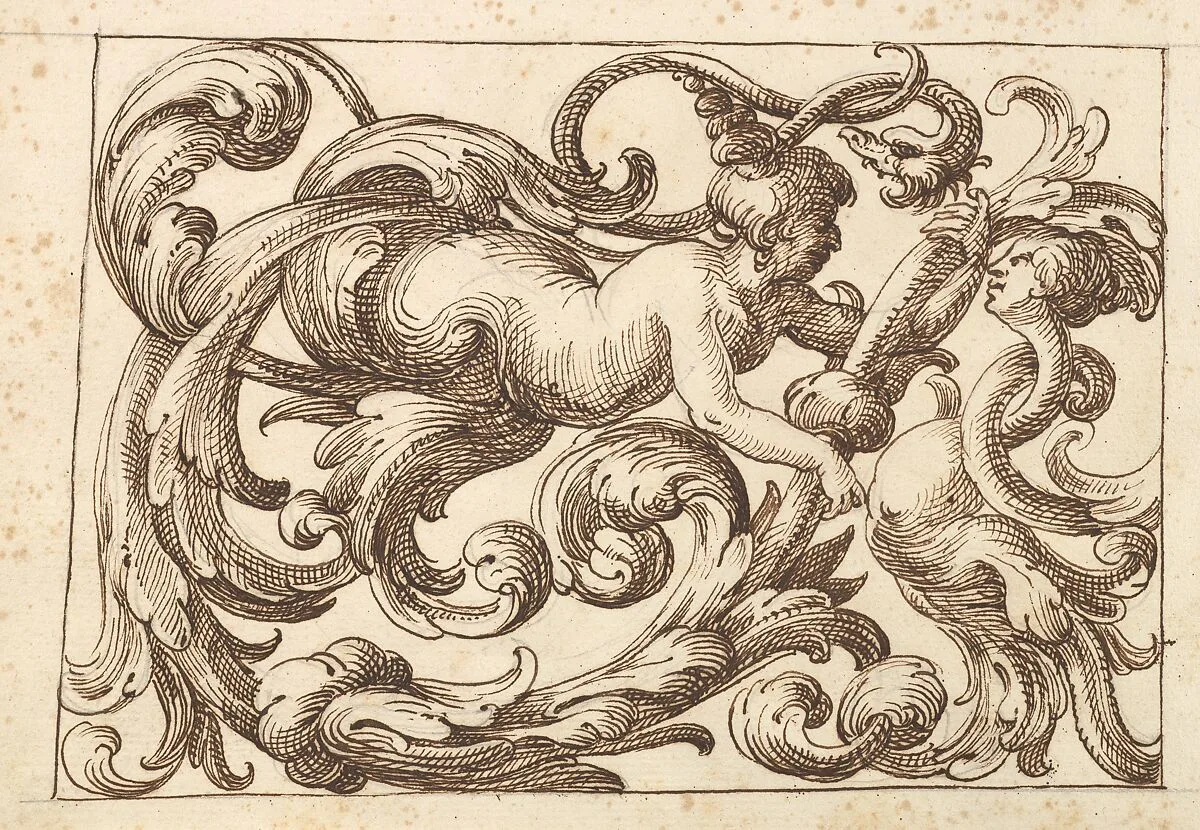 Horizontal Panel Design with a Man, a Snake and a Female Fantastical Creatures Interspersed between Acanthus Rinceaux — Polifilo Giancarli|Anonymous, Italian, Venetian, 17th century