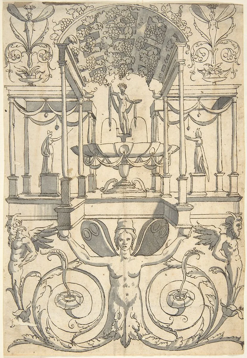 Grotesque with a Bacchus Fountain Placed in an Architectural Structure — Cornelis Bos|Anonymous, Italian, 16th century