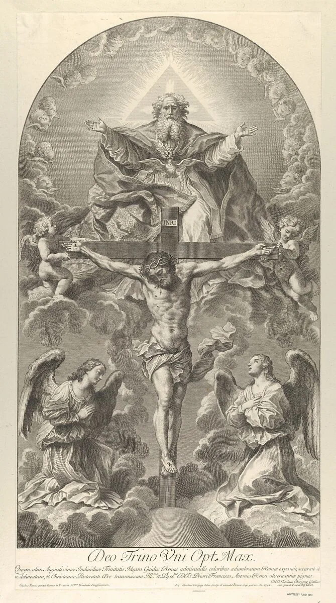 The Holy Trinity; Christ on the cross flanked by two angels, the Holy Spirit as a dove and God in heaven above the cross, a rectangular composition with half-circle at the top, after Reni — Guido Reni|Sir Nicolas Dorigny