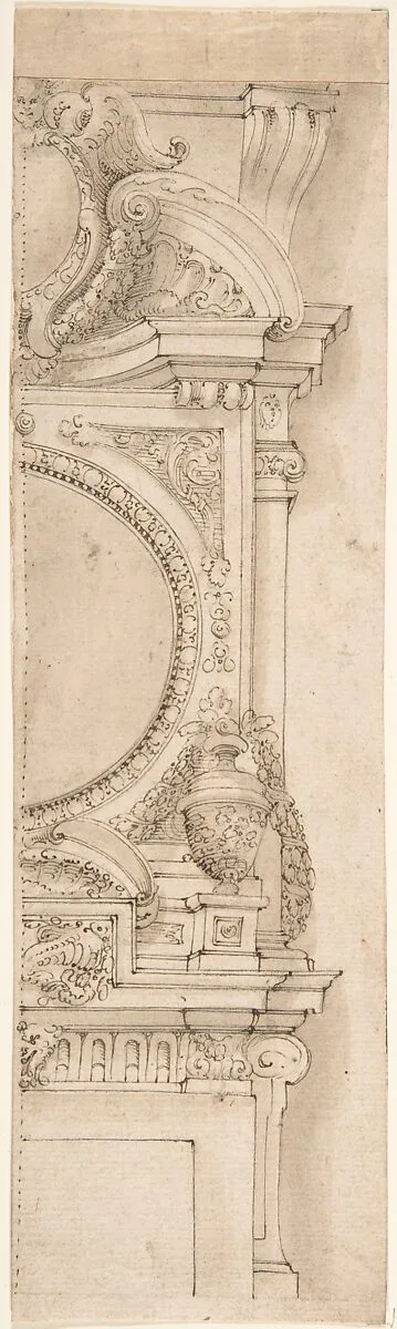 Design for the right half of a chimneypiece — Anonymous, Italian, 17th century