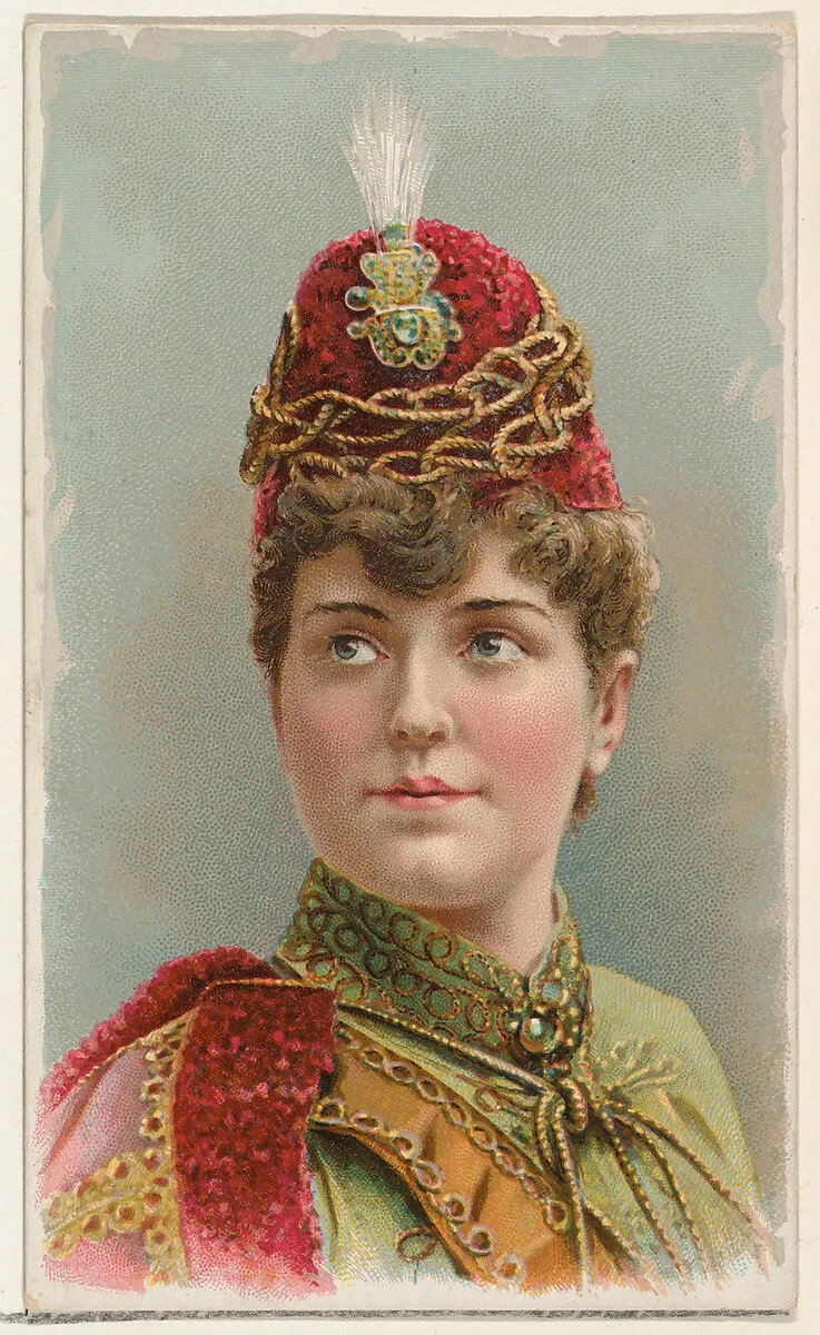 Actress wearing military-inspired cap, from Stars of the Stage, First Series (N129) issued by W. Duke, Sons & Co. to promote Honest Long Cut Tobacco — Knapp & Company|W. Duke, Sons & Co.