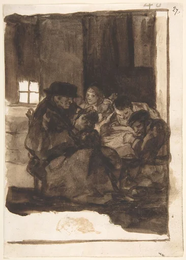 An old man delousing a boy accompanied by three figures, a cat in the foreground; page 40 from the 'Images of Spain Album (F)