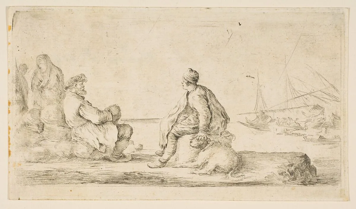 A young sailor and an old man sitting by the sea — Stefano della Bella