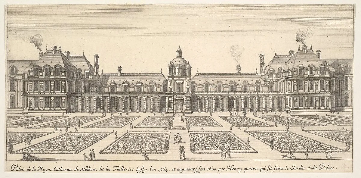 The palace of Catherine de Medici, called the Tuilleries, from 'Various views of remarkable places in Italy and France' (Diverses vues d'endroits remarquables d'Italie et de France) — Stefano della Bella|Israel Silvestre|Jean Marot