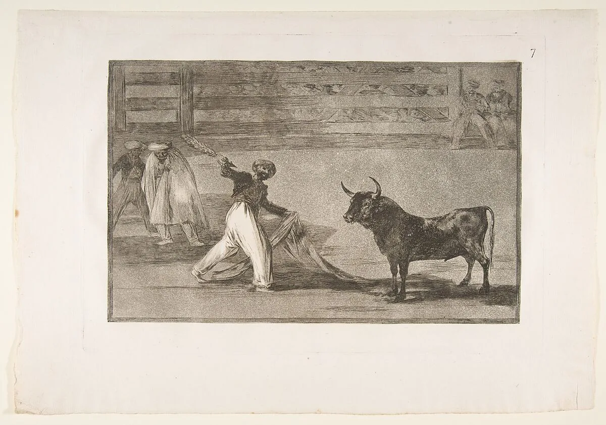 Plate 7 from "La Tauromaquia": Origin of the harpoon or banderillas — Goya (Francisco de Goya y Lucientes)