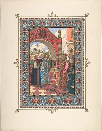 Illustration for "La Belle Vassilissa" [Vassilissa and Grandmother before the Tsar]