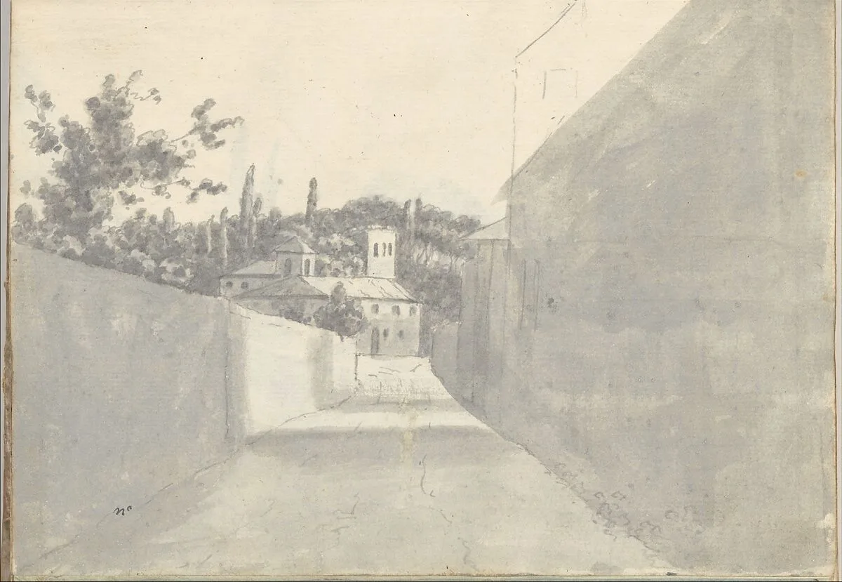 Townscape with a Walled Street and Distant Villa (Smaller Italian Sketchbook, leaf 7 recto) — Joseph Wright (Wright of Derby)