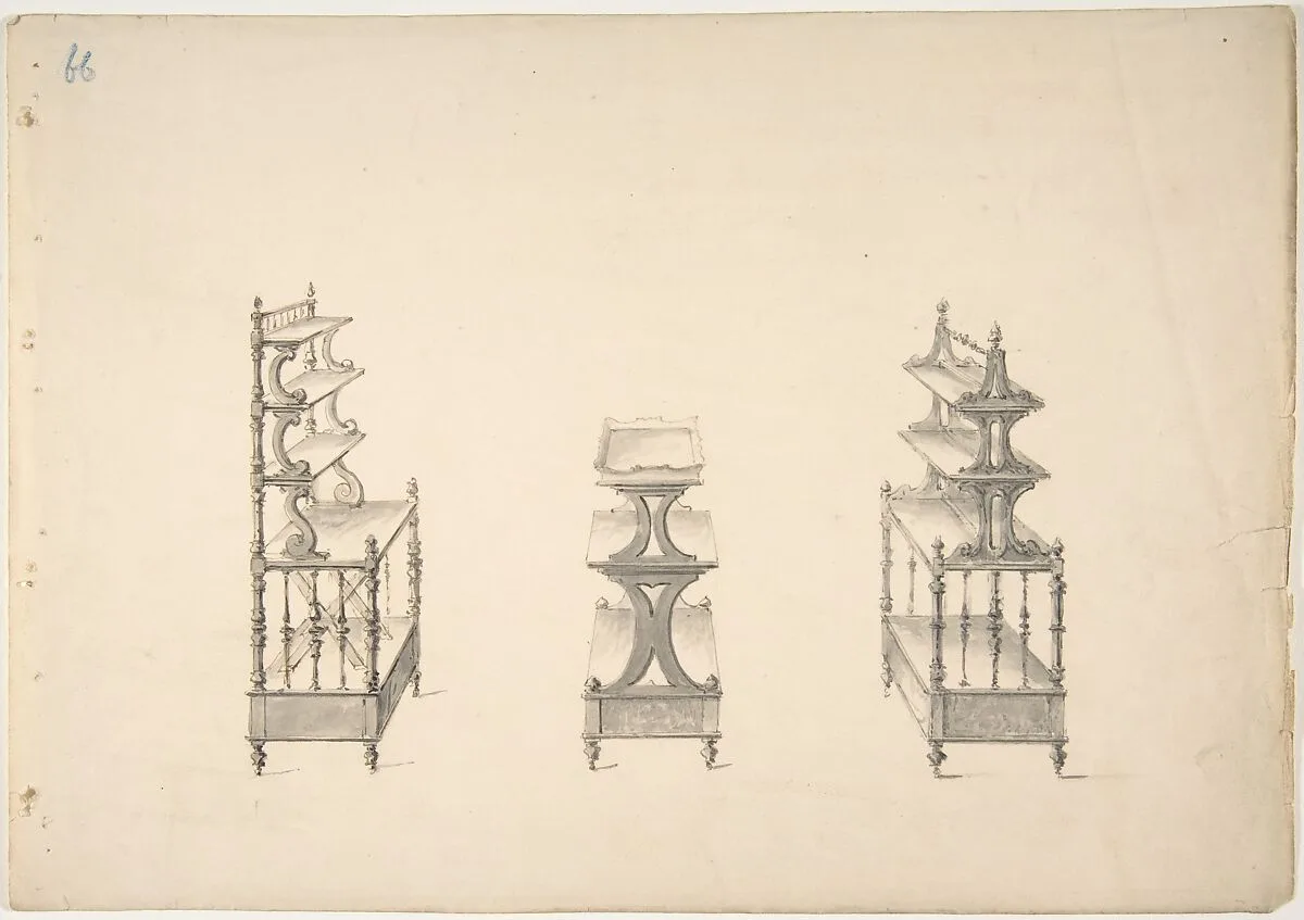 Design for Three Sets of Shelves on Casters — Anonymous, British, 19th century