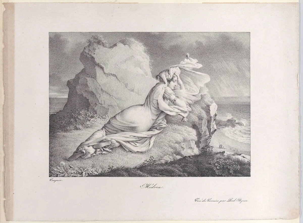 Medora, reclining on a rock overlooking the shore — Marie Philippe Coupin de la Couperie