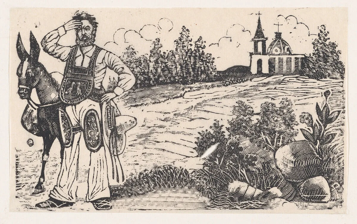 A drover and a mule standing on a road with a church in the background — José Guadalupe Posada