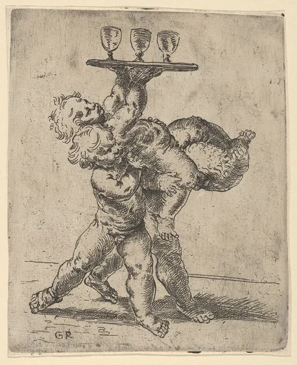 Two naked boys carrying a third who supports a tray with three goblets, after Reni