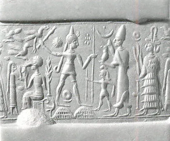 Cylinder seal and modern impression: smiting weather god before king and goddess — Unknown