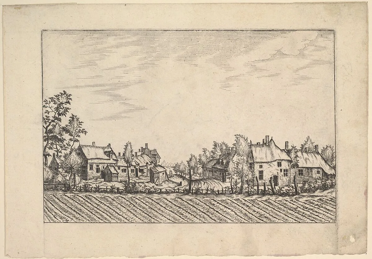 Farms, ploughed field in the foreground from Praediorum villarum et rusticarum casularum icones elenoantissimae ad vivum in apre deformatae — Johannes van Doetecum I|Lucas van Doetecum|Hieronymus Cock|The Master of the Small Landscapes|Pieter Bruegel the Elder|Cornelis Cort