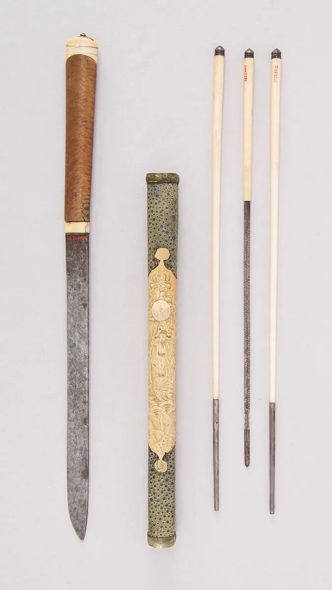 Knife with Sheath, Chopsticks, Pickle Spear and Picks — Unknown