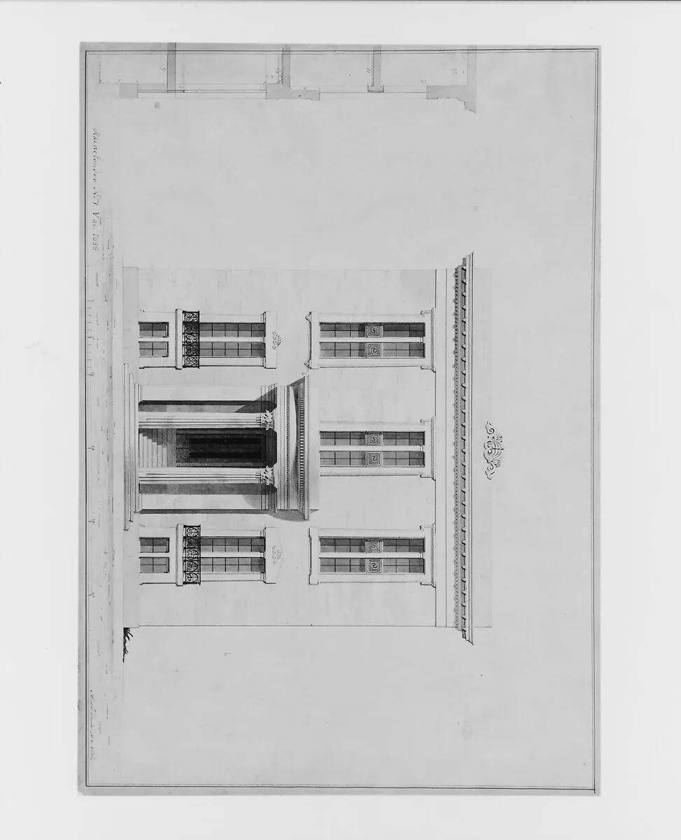 House for William C. Rhinelander, No. 1 Fifth Avenue, New York (front elevation and partial section, project) — Alexander Jackson Davis