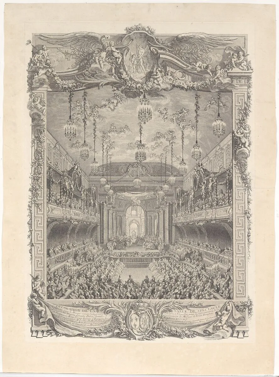 Decoration de la salle de spectacle construite a Versailles pour la representation de la Princesse de Navarre — Charles Nicolas Cochin II