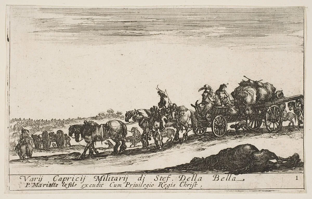 A horse drawn cart carrying people and goods, dead horse in the foreground, plate 1 from "Various Military Caprices" (Varii capricci militari) — Stefano della Bella|Pierre Mariette le fils