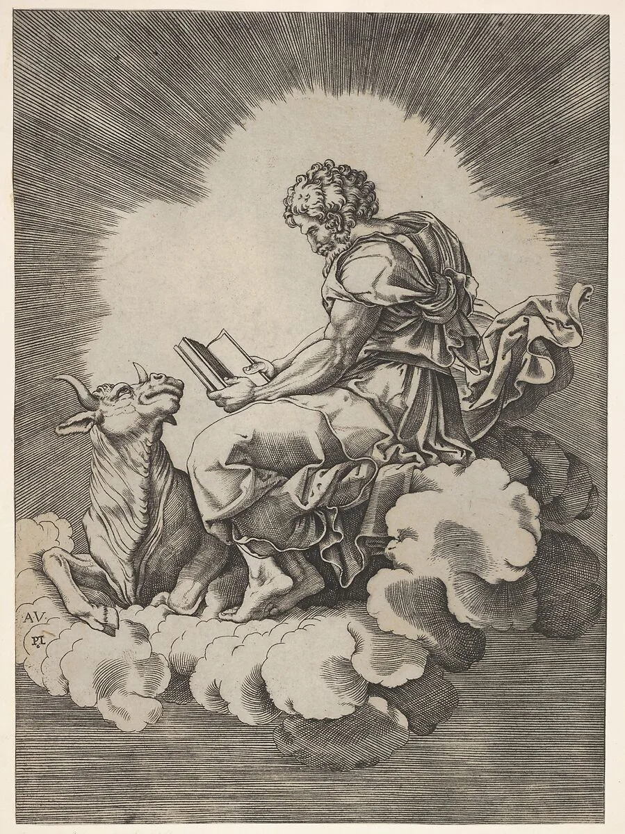 St. Luke, seated on a cloud with an open book in both hands, a bull lying at his feet, from a series of the four evangelists after Agostino Veneziano, which are in turn after Giulio Romano — Agostino Veneziano (Agostino dei Musi)|Anonymous, Italian, 16th century|Giulio Romano