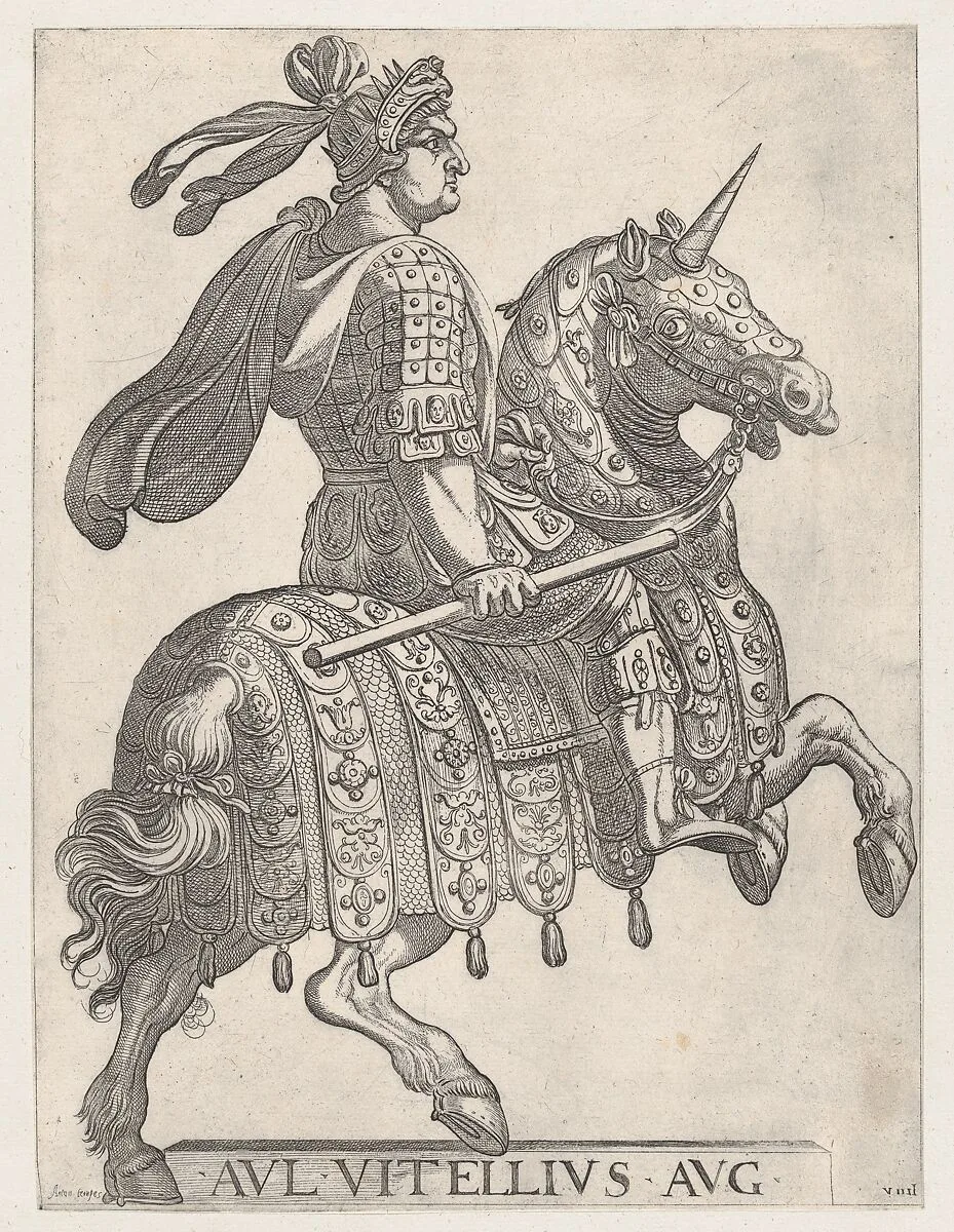 Plate 9: Emperor Vitellus on Horseback, from 'The First Twelve Roman Caesars' — Antonio Tempesta|Giovanni Battista di Lazzaro Panzera da Parma