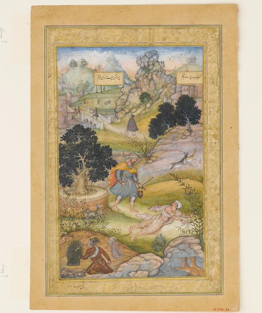 "A Muslim Pilgrim Learns a Lesson in Piety from a Brahman", Folio from a Khamsa (Quintet) of Amir Khusrau Dihlavi — Basawan|Muhammad Husain Kashmiri|Amir Khusrau Dihlavi