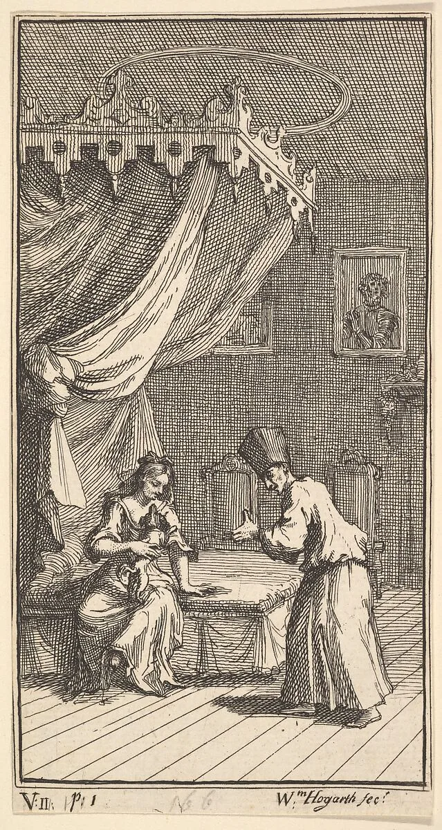 The New Metamorphosis, Plate 5: Fantasio, Transformed into a Lapdog, in the with Donna Theresa — William Hogarth|Lucius Madaurensis Apuleius|Charles Gildon