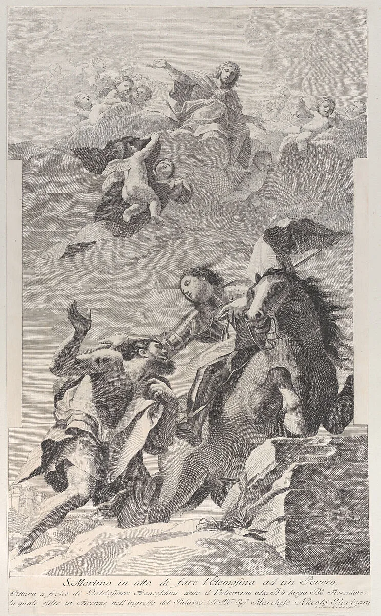 Saint Martin, on horseback, giving his cloak to a beggar, angels overhead — Baldassarre Franceschini (il Volterrano)|Giuliano Traballesi