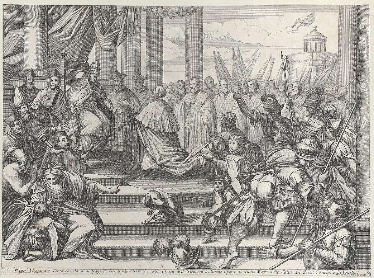 Pope Alexander III presents Doge Ziani with standards and bugles after his defeat of Holy Roman Emperor Frederick I Barbarossa, from "Il gran Teatro di Venezia" (The great theater of Venice) — Anonymous|Pope Alexander III|Giulio Angolo del Moro|Domenico Lovisa|Sebastiano Ziani Doge of Venice