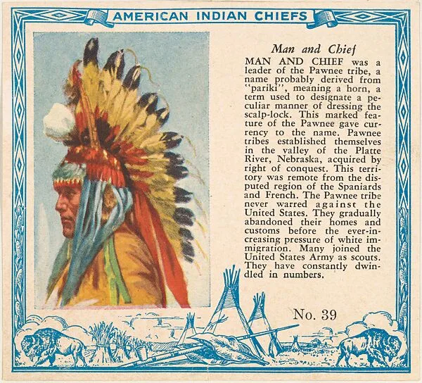 Card No. 39, Man and Chief, from the Indian Chiefs series (T129) issued by Red Man Chewing Tobacco — Red Man Chewing Tobacco
