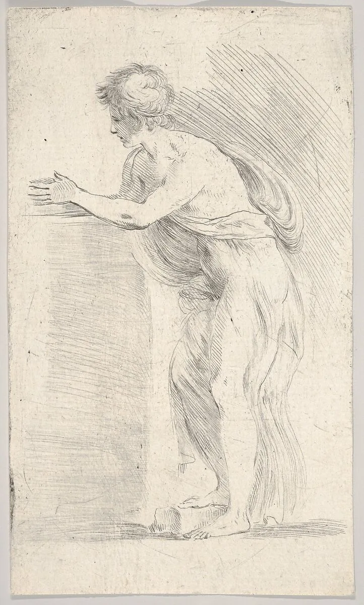 Study of a young man pressing his hands together, standing in profile facing left — Stefano della Bella