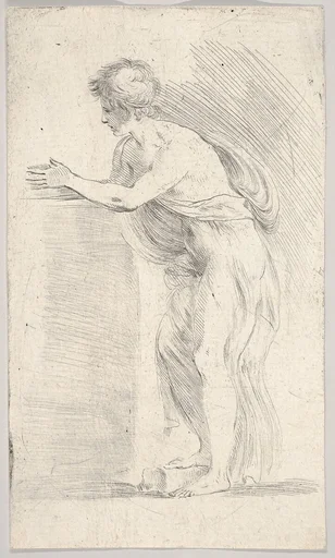 Study of a young man pressing his hands together, standing in profile facing left