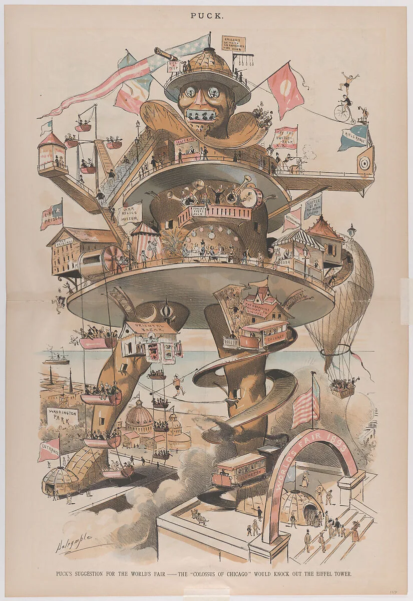Puck's Suggestion for the World's Fair, The Colossus of Chicago Would Knock Out the Eiffel Tower, from "Puck Magazine" — Louis Dalrymple