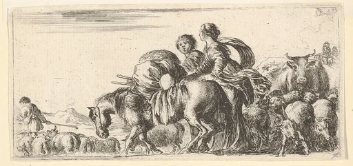 Journey of Jacob and Rachel to the land of Canaan, Rachel directs a horse towards the left, various other animals follow
