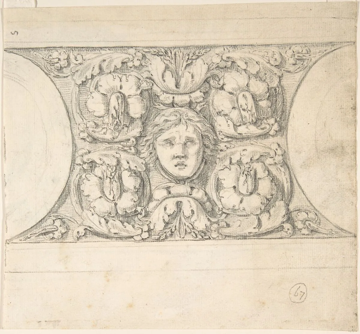 Classical Molding with Human Head, Leaves, Vines and Empty Roundels (recto); Detail of Classical Molding with Eagle In front of a Wreath with Ribbon Below (verso) — Thomas Hardwick