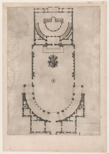 Speculum Romanae Magnificentiae: Ground plan of a building with the arms of Pope Julius III engraved at the center