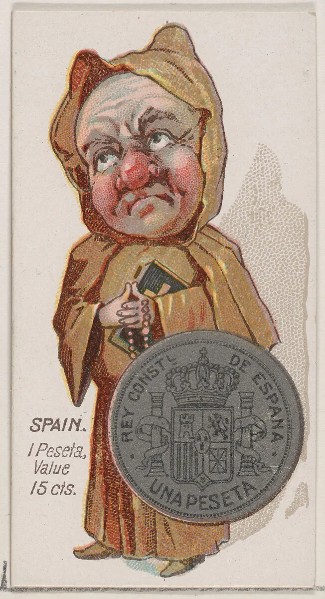Caricatured Spaniard, 1 Peseta, from the series Coins of All Nations (N72, variation 1) for Duke brand cigarettes — W. Duke, Sons & Co.