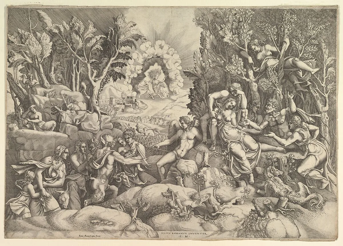 The Death of Procris; Cephalus mournig the death of Procris on the right surrounded by Cupid and mourning satyrs and nymphs, the goddess of dawn in her chariot in the background — Giorgio Ghisi|Giulio Romano|Antonio Lafreri