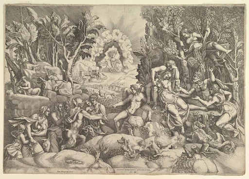 The Death of Procris; Cephalus mournig the death of Procris on the right surrounded by Cupid and mourning satyrs and nymphs, the goddess of dawn in her chariot in the background