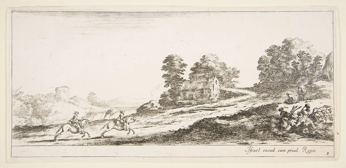 Plate 9: two horsemen at left galloping uphill towards the right, a horse and seated man to right, from 'Various landscapes' (Divers paysages) — Stefano della Bella|Israël Henriet|Louis de Bourbon duc d'Anguien
