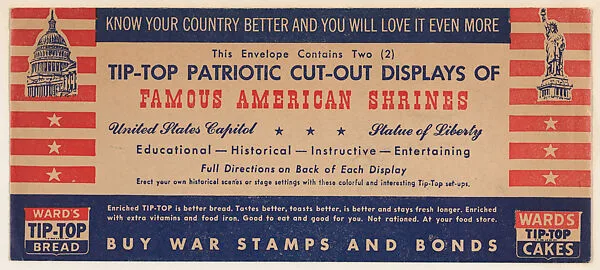 United States Capitol, Statue of Liberty, bakery insert card envelope from the Famous American Shrines series (D29), issued by the Ward Baking Company — Ward Baking Company