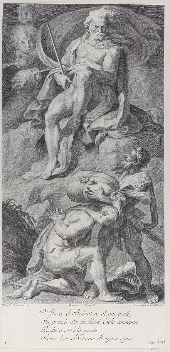 Plate 8: Ulysses receiving the winds in a leather bag from Aeolus — Giampietro Zanotti|Domenico Maria Fratta|Pellegrino Tibaldi|Bartolomeo Crivellari