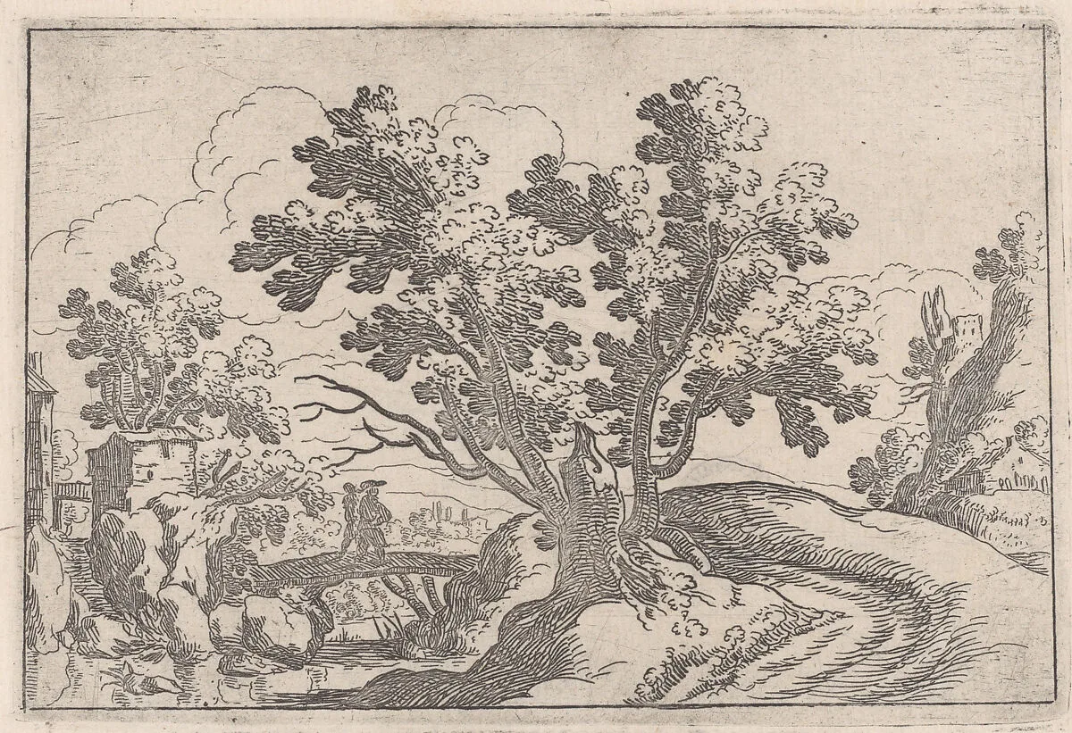 Landscape with a wooden bridge and two figures — Remigio Cantagallina