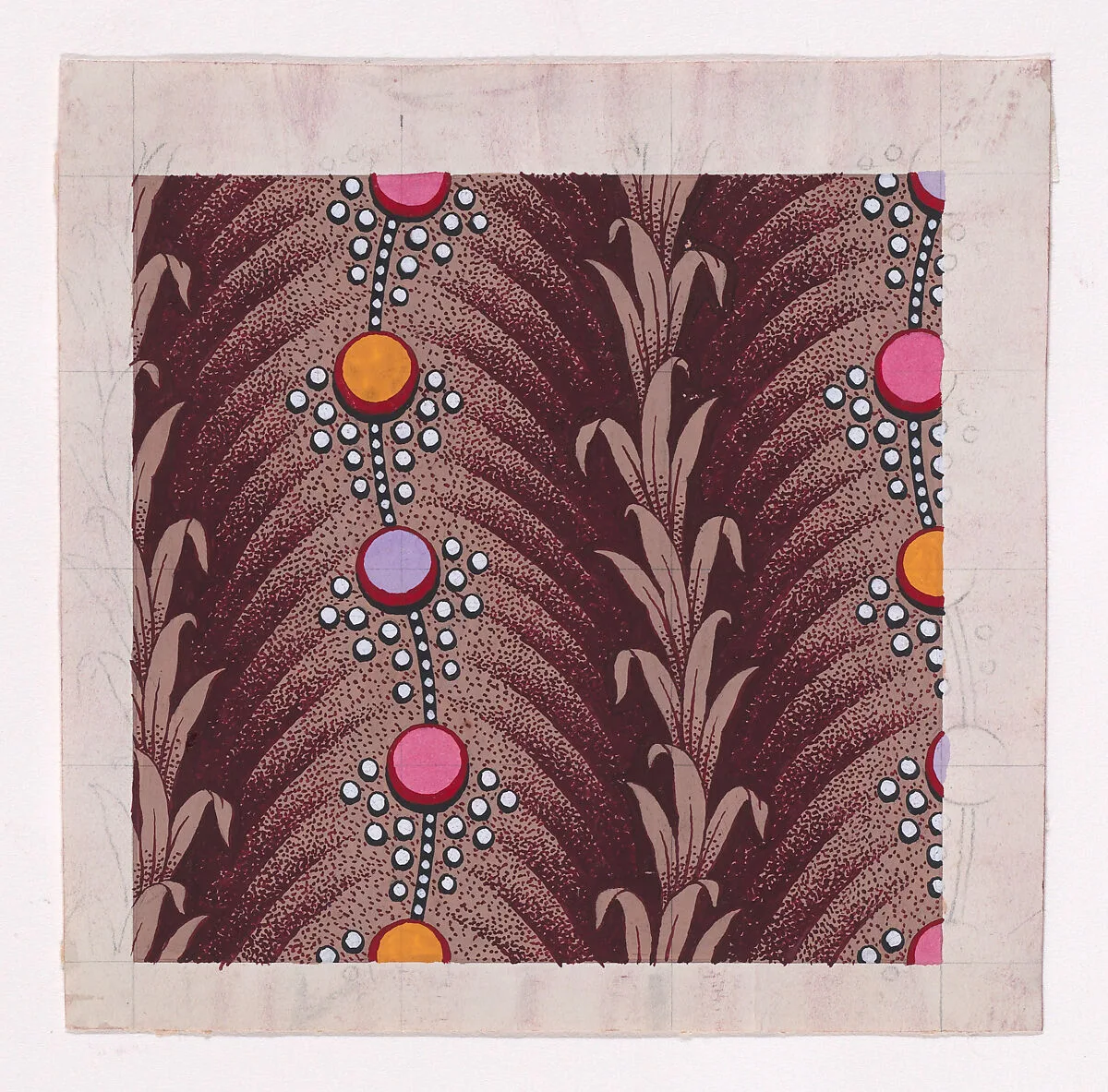 Textile Design with Alternating Vertical Garland of Stylized Leaves and Undulating Circles Surrounded by Pearls — Anonymous, Alsatian, 19th century