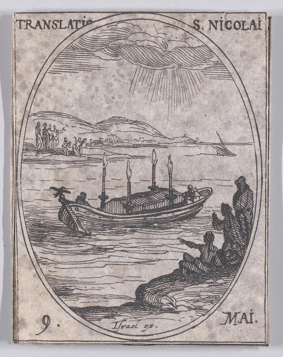 La Translation de S. Nicolas (The Translation of St. Nicholas), May 9th, from "Les Images De Tous Les Saincts et Saintes de L'Année" (Images of All of the Saints and Religious Events of the Year) — Jacques Callot|Israël Henriet